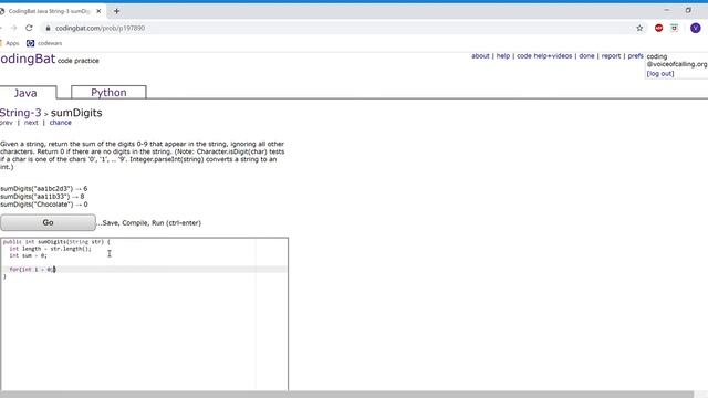 String 3 (sumDigits) Java Tutorial || codingbat.com смотреть онлайн