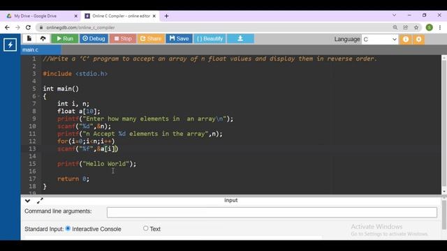 Write a C program to accept an array of n float values and display them in reverse order смотреть онлайн