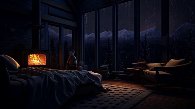 Rain On The Glass Window, Relax And Sleep Right Away With A Crackling Fire