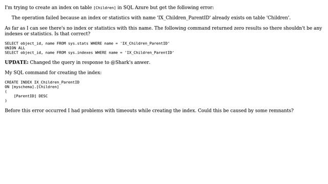 Databases: Error while creating index in SQL Azure смотреть онлайн