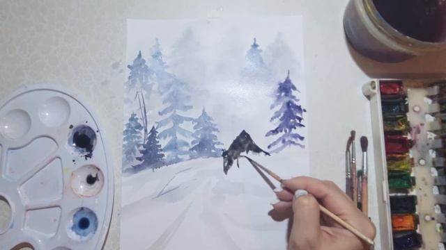 Деревня зимой |акварель | смотреть онлайн
