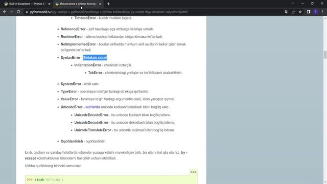 31-dars || Xatolar Va Istisnolar Ustida Ishlash || Python Dasturlash Tilida