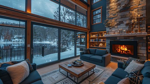 Winter Cozy Cabin Ambience ☕ Snowy Day with Warm Piano Jazz Music, Snowfall & Relax Fireplace Sound смотреть онлайн