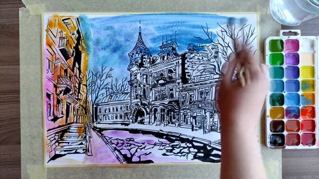 Как нарисовать город. Графический рисунок. Акварель. смотреть онлайн