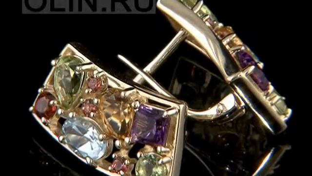 Золотые серьги "Мозаика" с самоцветами смотреть онлайн