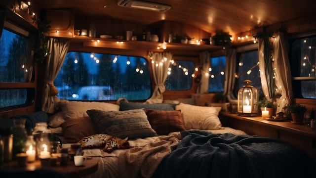 Rainy Evening in a Cozy Camping Van with Sleeping Cat - Relax, Sleep or Study with Rain Sound смотреть онлайн