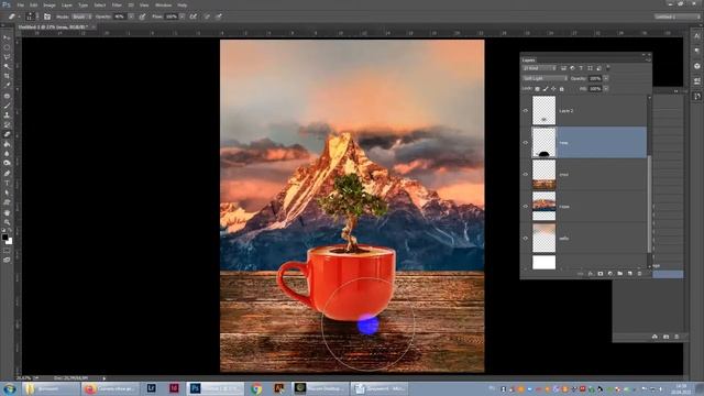 Коллаж с чашкой и деревом в Adobe Photoshop смотреть онлайн
