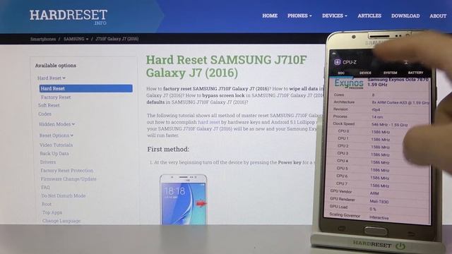 CPU-Z и ее характерситки на телефоне SAMSUNG Galaxy J7 2016. смотреть онлайн