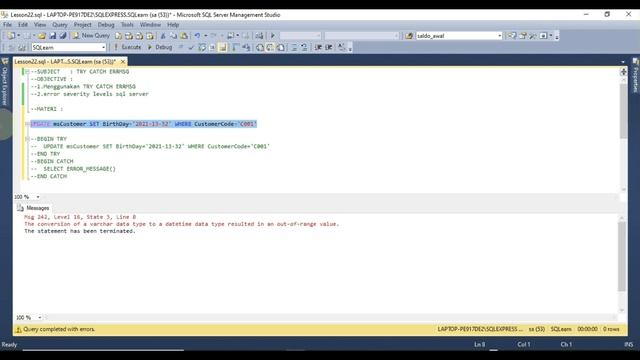 TUTORIAL SQL WITH SUBTITLE || SUBJECT 22 HOW TO USE TRY CATCH смотреть онлайн