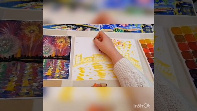 Как нарисовать салют мелками и акварелью смотреть онлайн