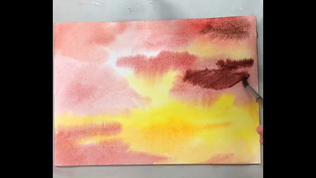 We draw the sky, clouds in wet watercolor. Speed up video. смотреть онлайн