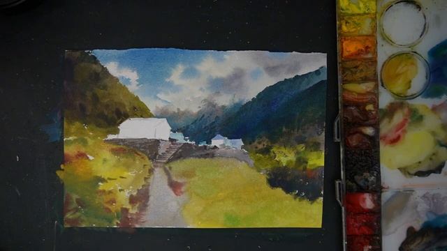 Watercolor Painting Landscape Tutorial   Village Scene