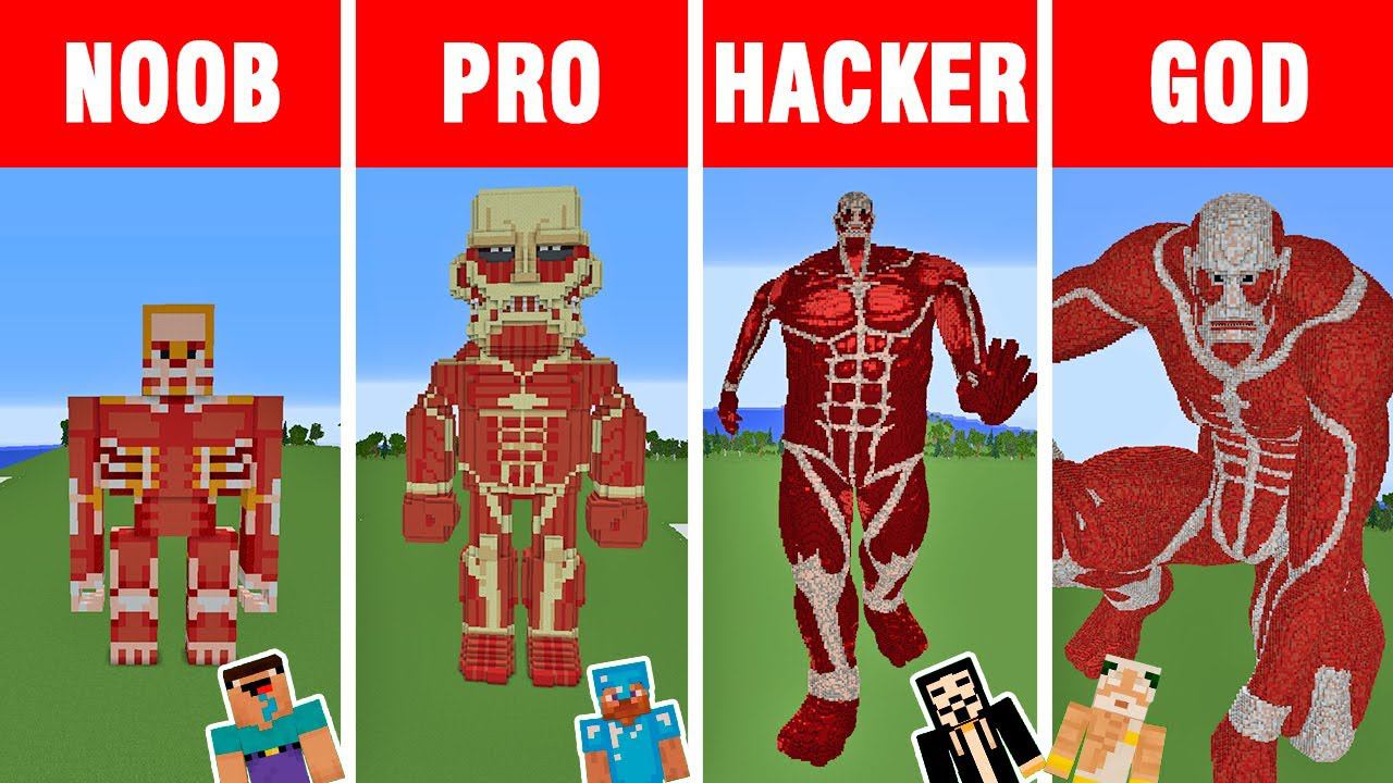 Minecraft: NOOB Vs PRO Vs HACKER Vs GOD: COLOSSAL TITAN Statue Build Challenge In Minecraft