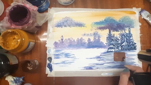 Как легко нарисовать зимний пейзаж. Рисуем домик зимой. Правополушарное рисование. Зима гуашью. смотреть онлайн