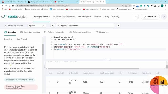 Highest Cost Orders Data Analyst Pandas Interview Question||Ask by Amazon Shopify || Stratascratch смотреть онлайн