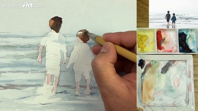 Watercolor painting of boys on a beach смотреть онлайн