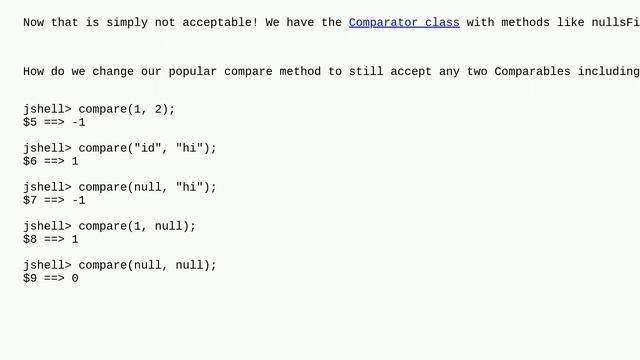 Comparable compareTo to allow nulls like Comparator nullsFirst or nullsLast смотреть онлайн