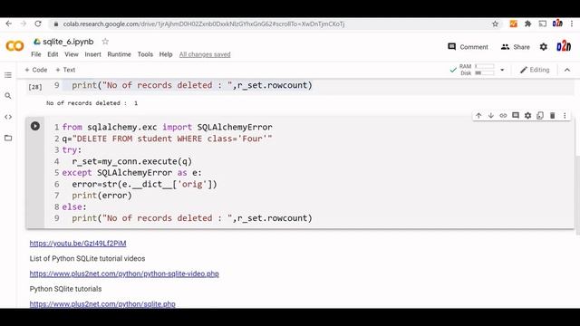 Query to delete records from SQLite database & printing number of records deleted by using rowcoun смотреть онлайн