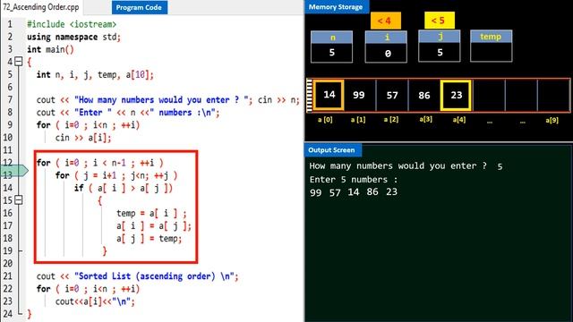 C++ Program to Sort a set of Numbers in Ascending Order - with Visualized Program Process Flow смотреть онлайн