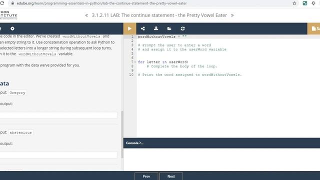 Python Essentials 3.1.2.11 the continue statement the pretty vowel eater смотреть онлайн