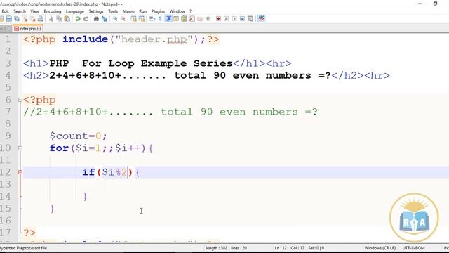 PHP Fundamental Bangla Tutorial Class -26:How to sum even numbers until 90th using php with for loo смотреть онлайн