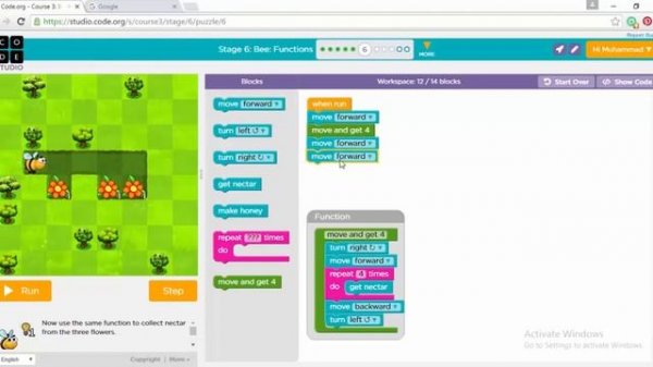 Code.org Course 3, Stage 6 'Bee Functions'