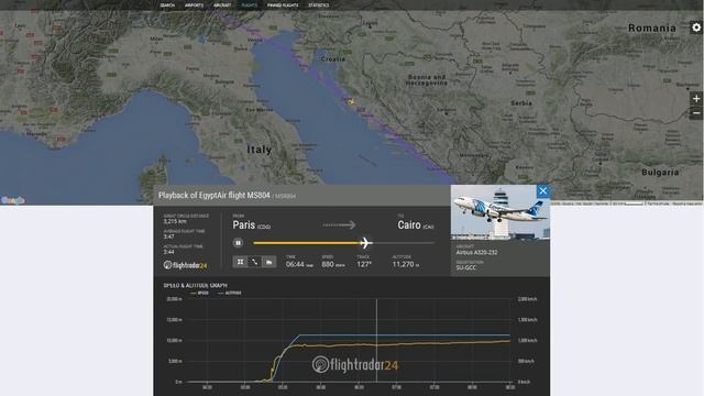 Катастрофа самолета A320 19.05.2016 г, рейс MS804 Париж-Каир, запись полета на Flightradar24.com смотреть онлайн