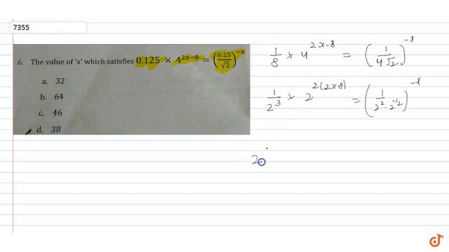 The value of `x` which satisfies `0.125 &times;4^(2x-8)=(0.25/sqrt(2))^(-x)` смотреть онлайн