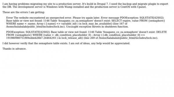 PDOException: SQLSTATE[42S02]: Base table or view not found: 1146 Table 'semaphore' doesn't exist