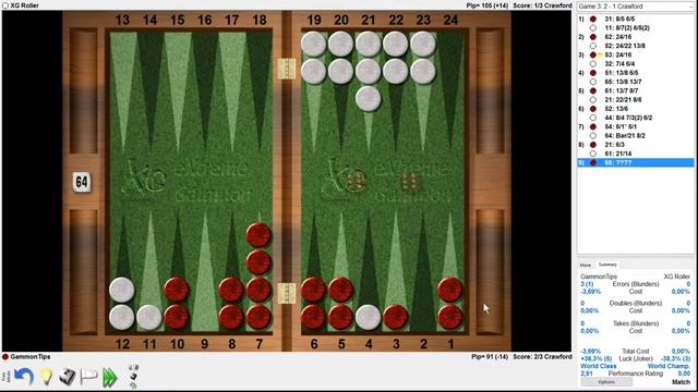 Backgammon: Playing A 3-point Training Match Against EXtreme Gammon