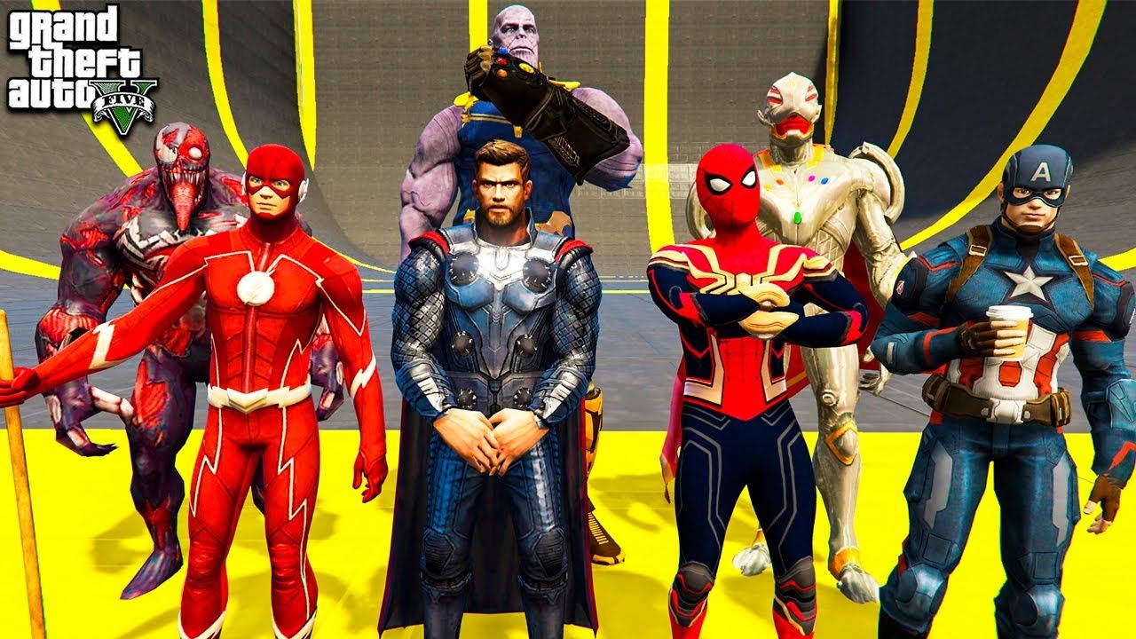 СПУСК БЕЗ ТОРМОЗОВ ЗА СУПЕРГЕРОЕВ И ЗЛОДЕЕВ С ОГРОМНОЙ РАМПЫ В ГТА 5 МОДЫ! ОБЗОР МОДА в GTA 5 ВИДЕО смотреть онлайн