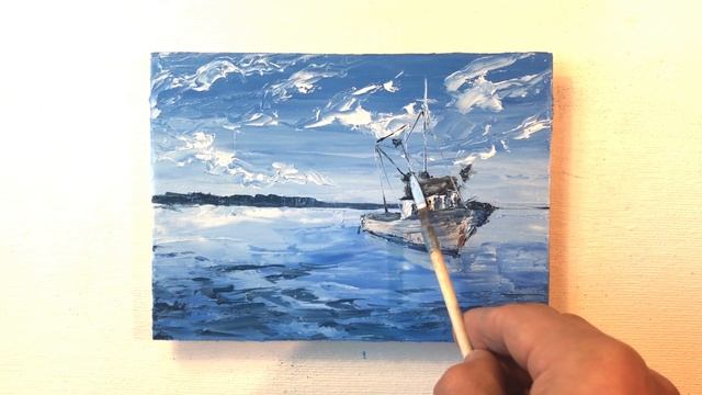 Как нарисовать рыбацкую лодку в море. Живопись маслом. Техника мастихин. смотреть онлайн