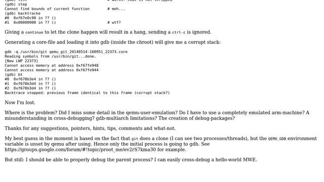 Backtrace of "git clone" running inside qemu-user-emulation based arm-chroot смотреть онлайн