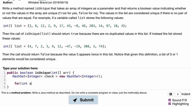 Java Practice It | Exercise 7.11: isUnique | arrays, array basics, hashsets смотреть онлайн