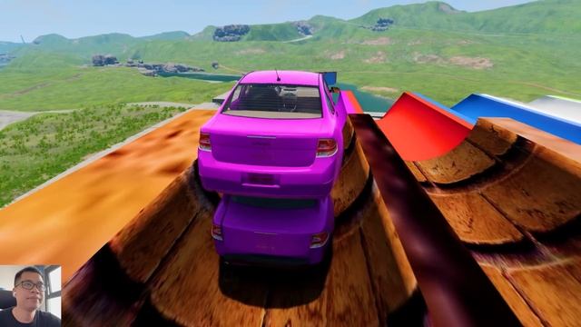Funny Cars vs Slide Color with Portal Trap - FLYING CAR vs Waterfall - BeamNG #11 смотреть онлайн