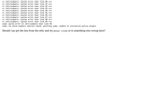 Ubuntu: /etc/sudoers file corrupted and I can't run 'pkexec visudo' over SSH смотреть онлайн