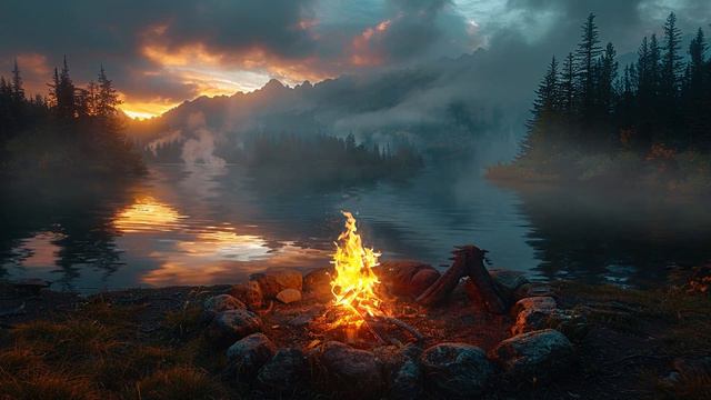 CampFire And Piano - Smooth Music and Crackling Fire by the Lake - Create a Cozy and Inviting смотреть онлайн