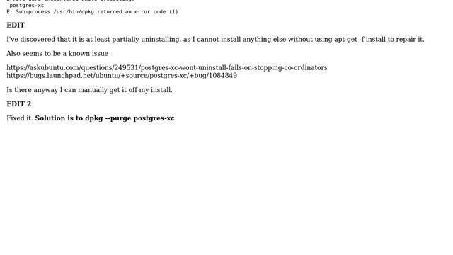 Ubuntu: Postgres-xc won't uninstall (Fails on Stopping Co-ordinators) смотреть онлайн