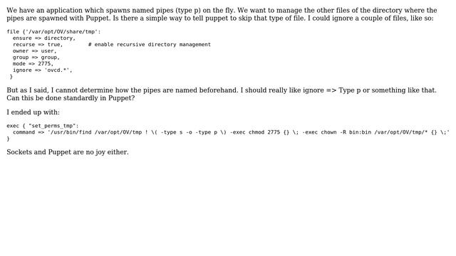 How to exclude named pipes and sockets in Puppet? смотреть онлайн
