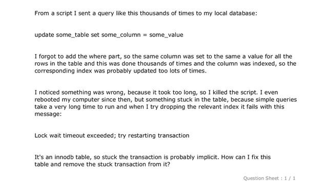 MySQL : Fixing "Lock wait timeout exceeded; try restarting transaction" for a 'stuck" Mysql table? смотреть онлайн