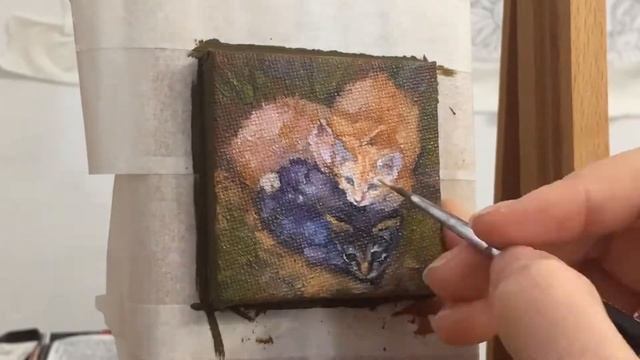 Котята на мини холсте - процесс рисования масляными красками | Kittens Miniature Oil Canvas Paintin