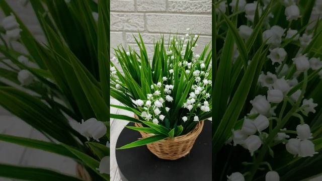 Композиция Ландыши в кашпо, искусственное растение. Высота 27см. (арт. 43574). смотреть онлайн