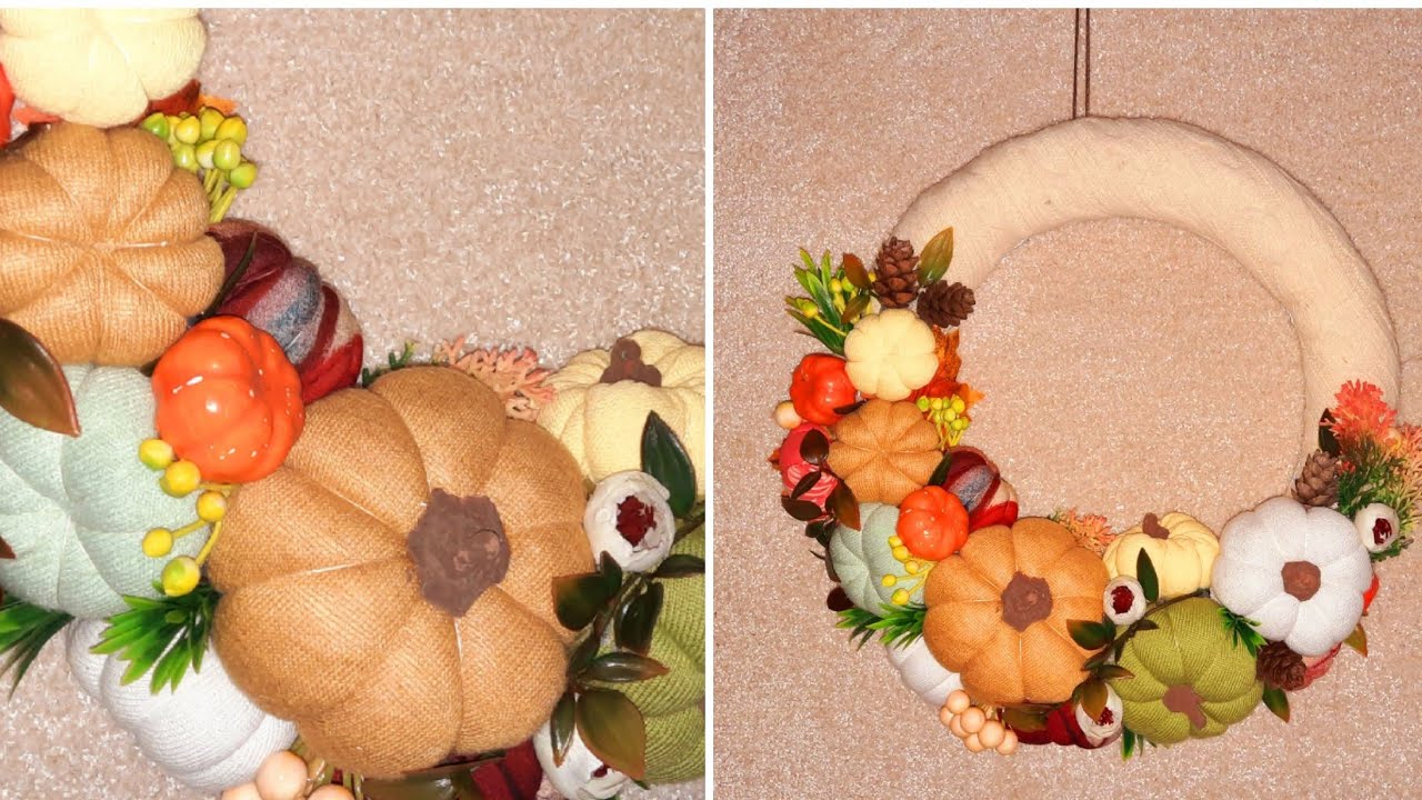 Декор  с текстильными  тыквами. Autumn Wreath On The Door
