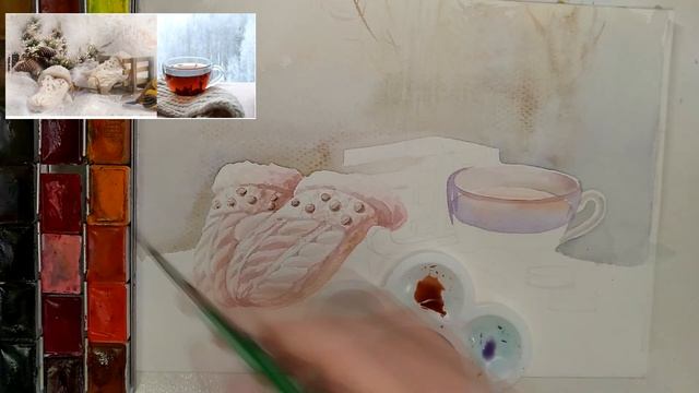 Рисуем Зимний Натюрморт | Чашка чая , варежки и свечи. #варежки #санки #елка смотреть онлайн