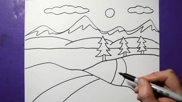 How To Draw A Landscape For Kids / Drawing For Beginners / Mountain Scenery