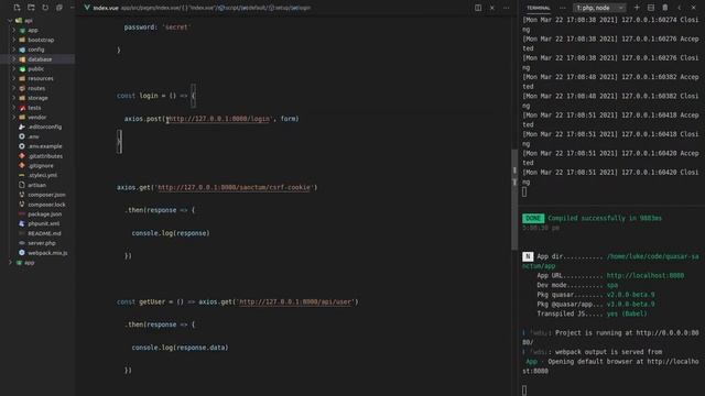 Quasar + Laravel Sanctum SPA (Fixed Get User Problem) смотреть онлайн