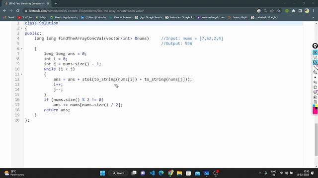 Leetcode : 2562 || Find the Array Concatenation Value || C++ || Weekly Contest 332 @codewithanusha смотреть онлайн