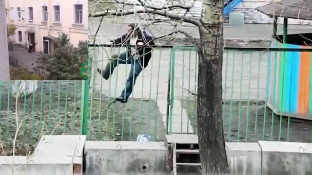 Мужик лезет через забор