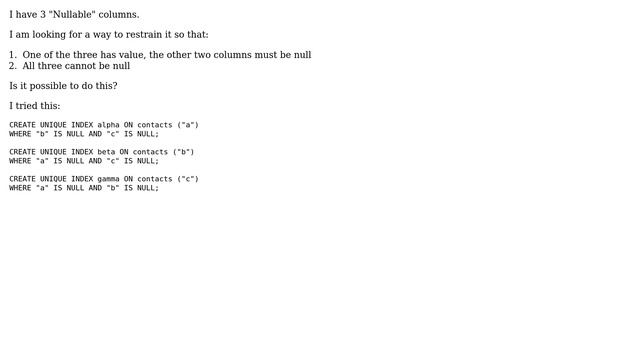 Only one non-nullable value across 3 columns (2 Solutions!!) смотреть онлайн