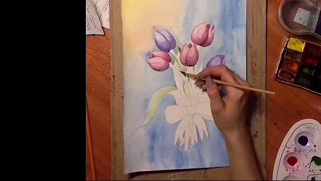 ТЮЛЬПАНЫ АКВАРЕЛЬЮ// ПРОСТОЙ РИСУНОК// ВИДЕОУРОК смотреть онлайн